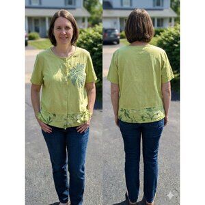 Kloz Lime Green Cotton Linen Blend Top Beaded Floral Button Up Shirt Medium M